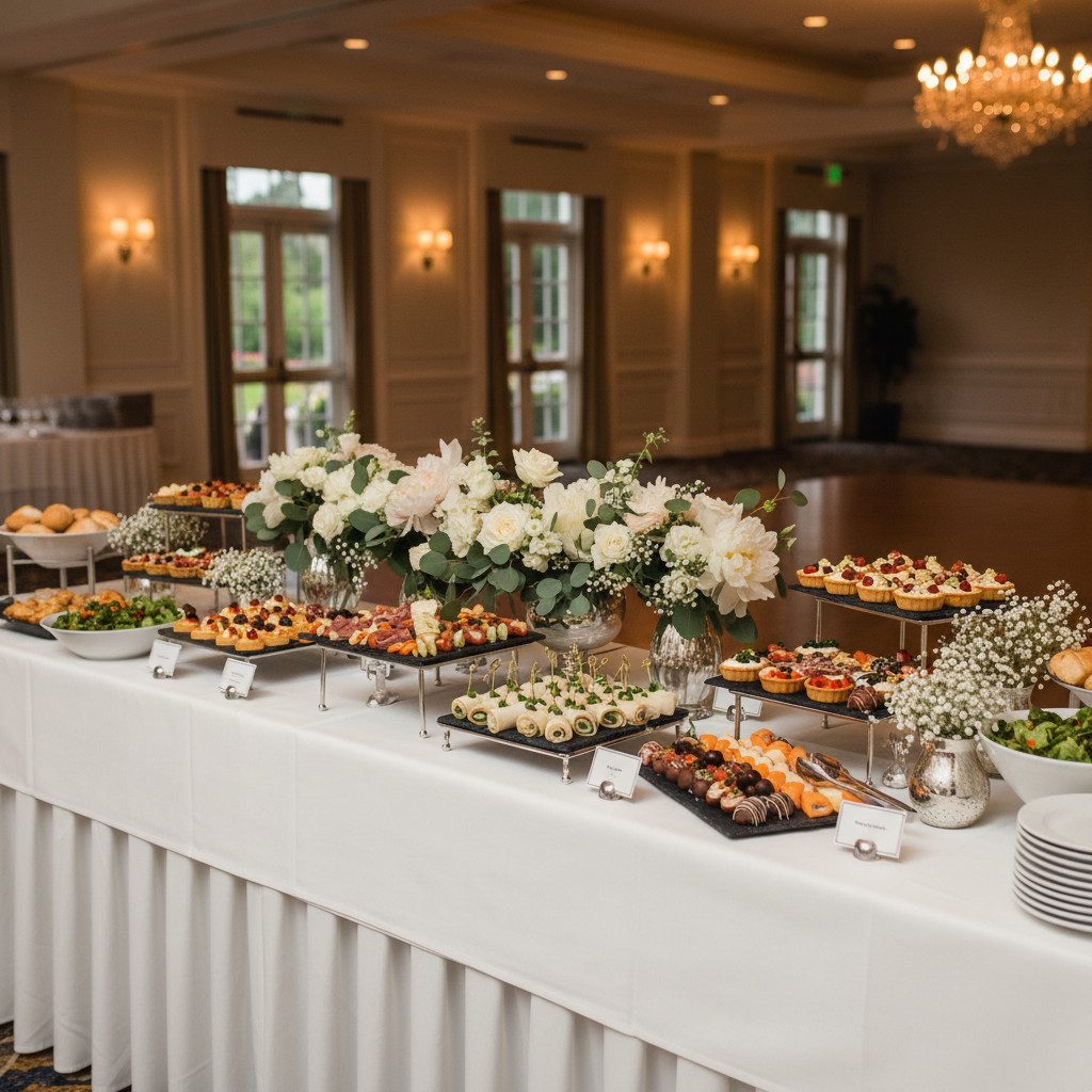 Tasteful event buffet suitable for corporate and wedding contexts
