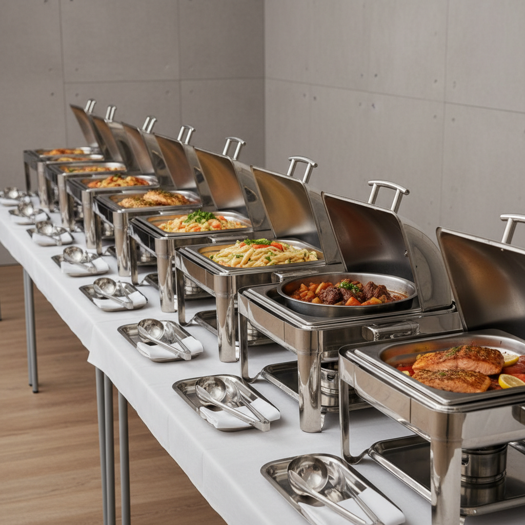 Professional buffet line with stainless steel chafing dishes