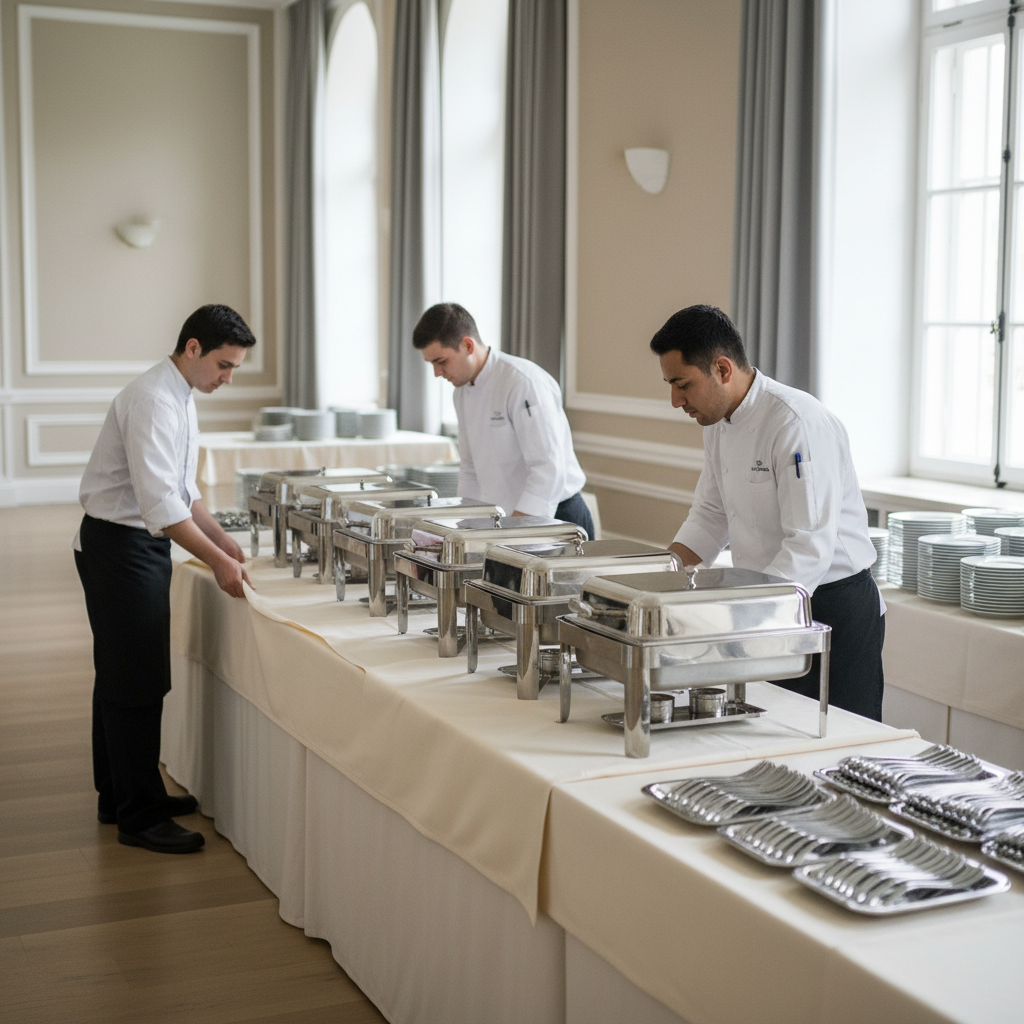 Professional catering staff setting up buffet tables